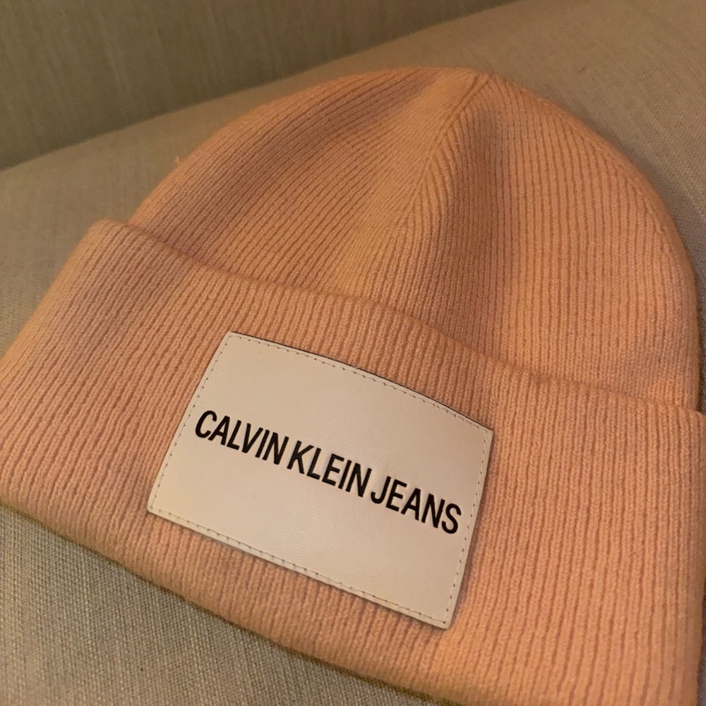 light pink calvin klein beanie